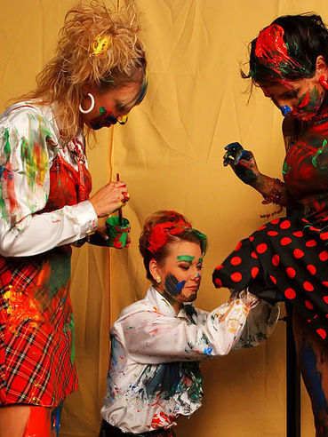 Sonja Beluga And Two More Ladies Paint Each Others Elegant Clothes With Enthusiasm